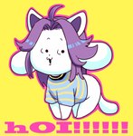 ambiguous_gender clothed clothing hair pattern_clothing pattern_topwear simple_background solo striped_clothing striped_topwear stripes topwear white_body yellow_background ikutasemi undertale undertale_(series) temmie_(undertale) canid canine felid feline mammal tem