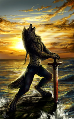 4_toes 5_fingers anthro barefoot biped blood bodily_fluids clothed clothing day detailed_background digitigrade feet fingers male melee_weapon open_mouth outside sky solo sun sword teeth toes tongue topless water weapon wolfroad canid canine canis mammal wolf 2011 5:8 digital_media_(artwork) hi_res