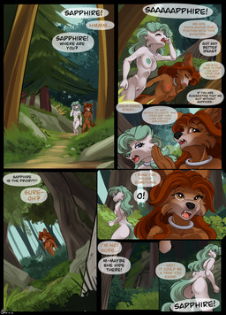 anthro breasts butt collar dialogue female genitals grass nipples outside plant text tree vulva walking conrie canien absurd_res comic english_text hi_res