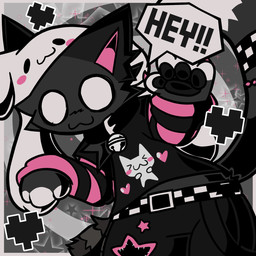 alternative_fashion ambiguous_gender anthro belt black_and_pink black_body black_fur bunny_ear_hat collar fur heart_symbol rave scene_(fashion) solo speech_bubble star text white_eyes coffeekatflooff jey_(coffeekatflooff) domestic_cat felid feline felis mammal 1:1 colored hi_res