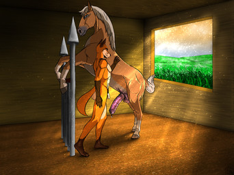 animal_genitalia animal_penis anthro anthro_on_feral balls bestiality biped duo equine_genitalia equine_penis erection feral flaccid genitals gloves_(marking) hooves humanoid_genitalia humanoid_penis inside leg_markings male male/male male_on_feral markings penis quadruped socks_(marking) stable sergld canid canine equid equine fox horse mammal hi_res shaded