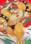 abs anthro armband biceps bowser_logo bracelet bulge claws clothed clothing collar facial_hair feet hair horn jewelry male mostly_nude mostly_nude_anthro muscular muscular_anthro muscular_male nipple_piercing nipples orange_body paws pecs piercing quads red_eyes red_hair running shell simple_background skimpy solo speedo spiked_armband spiked_bracelet spiked_collar spikes star swimwear teeth toe_claws underwear marius_tygo mario_bros nintendo bowser koopa scalie 2023 digital_media_(artwork) hi_res signature