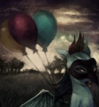 animal_mask attached_to_balloon balloon beak_mask blue_body blue_feathers cloud crookedtrees detailed_background equid equine feathered_wings feathers female feral friendship_is_magic grass hair hasbro inflatable mammal mask multicolored_hair my_little_pony mythological_creature mythological_equine mythology open_mouth outside pegasus plant purple_eyes rainbow_dash_(mlp) rainbow_hair sky solo teeth tongue tongue_out tree wings wood