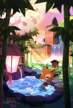 anthro bamboo bath bodily_fluids eyes_closed fur horn male outside partially_submerged smile solo water waterfall montybutt animal_crossing nintendo beau_(animal_crossing) antelope bovid mammal absurd_res digital_media_(artwork) hi_res