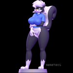 1:1 3d_modeling 3d_print anthro bedroom_eyes big_breasts biped black_body bottomless bottomless_anthro bottomless_female breasts clothed clothing digital_media_(artwork) eyewear featureless_crotch female female_anthro fur glasses hair hi_res holding_arm looking_back mammal mephitid multicolored_body narrowed_eyes navel nipples nonotoys partially_clothed plantigrade raised_tail sabrina_(sabrina_online) sabrina_online seductive shirt simple_background skunk smile solo standing tail topwear two_tone_body wearing_glasses white_body white_hair