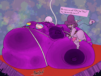 anthro belly big_breasts big_butt blueberry_inflation breasts butt female hyper immobile inflation lgbt_pride male overweight pride_colors shortstack shortstack_male size_difference demon imp lagomorph mammal 4:3 hi_res