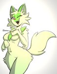 anthro anthrofied breasts female fur green_body green_fur hair handpaw looking_at_viewer one_eye_closed open_mouth paws pokemorph red_eyes simple_background smile solo white_background wink litsi nintendo pokemon felid feline generation_9_pokemon mammal pokemon_(species) sprigatito digital_drawing_(artwork) digital_media_(artwork)