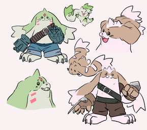 ammo_belt anthro beady_eyes belly bottomwear claws clothing denim denim_bottomwear denim_clothing duo grin gun_arm jeans long_ears male pants sash slightly_chubby smile toe_claws weapon_arm protosaru bandai_namco digimon digimon_(species) gargomon lopmon terriermon hi_res