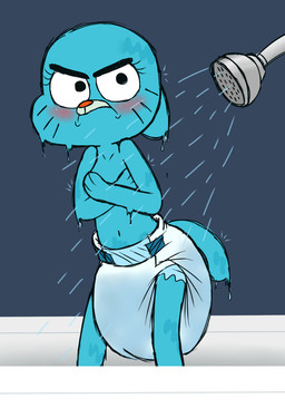anthro bathing blush bodily_fluids clothed clothing diaper diaper_fetish female genital_fluids shower showering solo unclean_diaper urine used_diaper wearing_diaper wet_diaper tenerius cartoon_network the_amazing_world_of_gumball nicole_watterson domestic_cat felid feline felis mammal hi_res