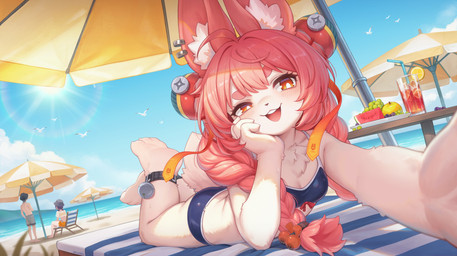 3_toes ahoge anklet anthro barefoot beach beach_umbrella bell blush blush_lines bottomwear braided_hair breasts buckteeth butt chair chest_tuft circle_eyebrows cleavage clothed clothing ear_piercing eyebrows feet female female_anthro foreshortening fur furniture group hair hand_on_cheek hindpaw hotpants inner_ear_fluff jewelry jingle_bell looking_at_viewer lounge_chair lying male minishorts on_front open_mouth outside parasol paws perspective piercing pink_body pink_fur pink_hair red_eyes scut_tail short_tail shorts small_breasts smug_face soles swimwear tail taking_picture taking_selfie teeth the_pose toes trio tuft two-piece_swimsuit xmfranz mihoyo zenless_zone_zero belle_(zenless_zone_zero) wise_(zenless_zone_zero) zhao_(zenless_zone_zero) human lagomorph leporid mammal rabbit thiren absurd_res hi_res