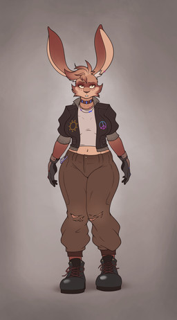 anthro big_breasts biped black_clothing black_footwear black_shoes bottomwear bracelet breasts brown_body brown_bottomwear brown_clothing brown_eyes brown_fur brown_hair brown_pants clothed clothed_anthro clothed_female clothing collar ear_piercing female fingers footwear front_view fur gloves grey_background grey_clothing grey_jacket grey_shirt grey_topwear hair handwear humanoid_hands inner_ear_fluff jacket jewelry knock-kneed looking_at_viewer markings midriff navel necklace open_clothing open_jacket open_topwear pants peace_symbol piercing shadow shirt shoes short_hair simple_background solo spots spotted_markings standing tan_body tan_fur topwear torn_bottomwear torn_clothing torn_pants tuft joey-darkmeat lagomorph leporid mammal rabbit full-length_portrait hi_res portrait