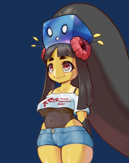 anthro biped black_hair bottomwear breasts clothed clothing duo female flower hair hibiscus navel plant pupils red_eyes shirt shorts smile standing topwear yellow_body hitmanatee nintendo pokemon generation_3_pokemon goo_creature mawile pokemon_(species) absurd_res alpha_channel hi_res