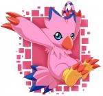 ambiguous_gender beak blue_eyes claws collar feathers feet pink_body pink_skin simple_background soles solo white_background wings sarah_richford bandai_namco digimon avian bird biyomon digimon_(species) hi_res