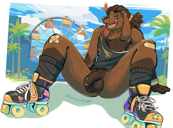 amusement_ride anthro balls big_balls brown_body brown_fur clothed clothing ferris_wheel footwear foreskin fur genitals male multicolored_body multicolored_fur outside palm_tree pantsless penis plant presenting roller_skates solo thick_penis tree maudoggo delorean_(character) canid canine canis domestic_dog mammal poodle absurd_res hi_res