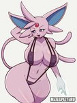 4_fingers anthro bedroom_eyes big_breasts black_eyebrows blue_inner_ear blush breasts cheek_tuft clothed clothing collarbone curvy_figure eyebrows eyelashes facial_tuft female female_anthro fingers forehead_gem forked_tail front_view fur gem glistening glistening_body hand_behind_head head_tuft looking_at_viewer multicolored_body multicolored_ears multicolored_fur narrowed_eyes navel one-piece_swimsuit open_mouth open_smile pokemorph purple_clothing purple_nose purple_one-piece_swimsuit purple_sclera purple_sling_bikini purple_swimwear raised_tail seductive skimpy skimpy_bikini smile solo standing swimwear tail text thick_thighs tongue tuft unusual_anatomy unusual_tail voluptuous voluptuous_anthro voluptuous_female white_eyes wide_hips matospectoru nintendo pokemon eeveelution espeon generation_2_pokemon pokemon_(species) 2025 3:4 artist_name digital_media_(artwork) english_text hi_res