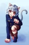 4_fingers blue_background blush clothed clothing eyelashes female fingers footwear fully_clothed grin hair legwear lips red_eyes simple_background smile socks solo tan_body tan_skin teeth white_hair monorus hunter_x_hunter neferpitou animal_humanoid cat_humanoid chimera_ant felid felid_humanoid feline feline_humanoid humanoid mammal mammal_humanoid 2014 hi_res