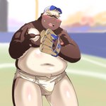 anthro ball baseball_(ball) baseball_(sport) baseball_cap baseball_field baseball_glove belly big_belly black_nose blush briefs brown_body bulge clothed clothing hat headgear headwear humanoid_hands kemono male moobs navel nipples outside overweight overweight_male solo sport tighty_whities underwear underwear_only white_briefs white_clothing white_underwear dokyudokyu1 bear mammal 1:1 2022 absurd_res hi_res