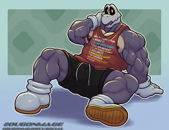 anthro barazoku biceps big_bulge big_muscles bone bottomwear bulge clothed clothing footwear gloves handwear looking_at_viewer male muscular muscular_anthro muscular_male nipples orange_eyes pecs shirt shoes shorts simple_background sitting sitting_on_ground skeleton solo tank_top text text_on_clothing text_on_shirt text_on_topwear topwear ougon mario_bros nintendo dry_himbones animated_skeleton dry_bones koopa koopa_troopa reptile scalie turtle undead digital_drawing_(artwork) digital_media_(artwork) english_text hi_res url
