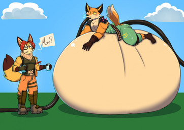 anthro belt blush clothing duo eyewear fur glasses gloves green_clothing hair handwear hose hose_inflation inflation lying lying_on_ground male male/male on_ground orange_body orange_fur outside red_hair shield spikes suit thick_thighs tube white_body white_fur yellow_eyes v1sage epic_games fortnite fennix_(fortnite) canid canine fox mammal red_fox true_fox