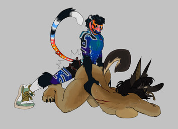 anthro back_scratching blood bodily_fluids clothed clothing doggystyle duo female female/female footwear from_behind_position partially_clothed scratching sex shoes size_difference sneakers strapon sweat tongue tongue_out wounded azaroteu alebrije canid canine canis cheetah felid feline jackal mammal absurd_res hi_res nonbinary_(lore) trans_(lore)