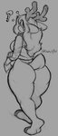 0r0ch1 aged_up anthro antlers big_breasts big_butt big_eyes breasts butt clothed clothing curvy_figure deer deltarune female grey_background hair hooved_plantigrade hooved_toes hooves horn long_hair looking_at_viewer looking_back mammal monochrome new_world_deer noelle_holiday panties plantigrade question_mark rear_view reindeer shirt simple_background skimpy solo thick_thighs thong topwear undertale_(series) underwear walking wide_hips