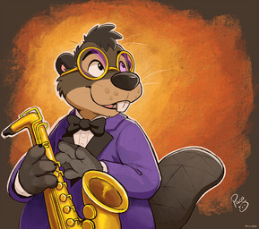 abstract_background alto_saxophone anthro black_bow_tie black_hair black_nose bow_tie brown_body brown_fur cheek_tuft clothed clothing eyewear facial_tuft front_view fur glasses glistening glistening_eyes hair logo male male_anthro musical_instrument open_mouth pink_tongue purple_clothing purple_suit purple_suit_jacket purple_topwear round_glasses saxophone short_hair solo suit suit_jacket tan_body tan_fur teeth tongue topwear tuft whiskers wind_instrument woodwind_instrument pandapaco beaver mammal rodent 2025 artist_logo dated half-length_portrait portrait signature
