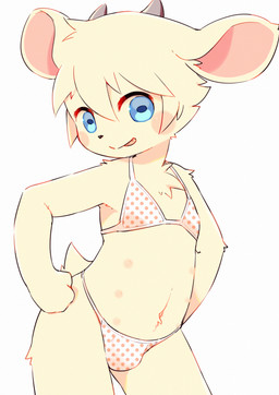 anthro bangs bikini bikini_bulge blue_eyes blush bulge clothed clothing crossdressing embarrassed femboy hair hair_between_eyes hands_on_hips male multi_nipple navel nipples sassy simple_background solo swimwear tongue tongue_out triangle_bikini two-piece_swimsuit white_background young young_anthro young_male nn_197069 bovid caprine goat mammal hi_res