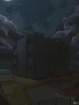 building cloud cloudy_sky fence grass moon night plant road sea sky star water window conditional_dnp dacad comic digital_media_(artwork) hi_res screentone