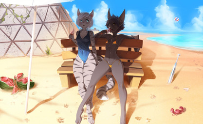 anthro barefoot bikini black_hair blue_eyes breasts clothing day detailed_background duo feet female food fruit hair melon midriff navel one-piece_swimsuit open_mouth orange_bikini orange_clothing orange_swimwear outside plant sand side-tie_bikini side-tie_clothing side-tie_swimwear smile string_bikini swimwear teeth tongue triangle_bikini two-piece_swimsuit white_hair fruitbloodmilkshake bat domestic_cat felid feline felis mammal 2018 digital_media_(artwork)
