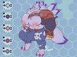 2021 3_toes 4_fingers abs absurd_res anthro areola armor bandai_namco belt biceps big_muscles big_pecs big_penis biped bottomwear brass_knuckles bulge canid canine claws clothed clothing colored denim denim_bottomwear denim_clothing detailed_bulge digimon digimon_(species) digital_drawing_(artwork) digital_media_(artwork) digitigrade digivice ear_piercing english_text feet fingers fur genital_outline genitals hair hi_res himbo hyper jeans male mammal melee_weapon merong model_sheet muscular muscular_anthro muscular_male nipples pants pauldron paws pecs penis penis_outline piercing purple_claws scar signature simple_background skull_and_crossbones smile smirk solo standing teeth text toe_claws toes topwear weapon weregarurumon yellow_eyes yellow_sclera