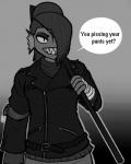 clothing cosplay female melee_weapon polearm sharp_teeth smile solo spear teeth text weapon datfurrydude the_walking_dead undertale undertale_(series) negan undyne animal_humanoid fish fish_humanoid humanoid marine marine_humanoid 2016 4:5 crossover english_text hi_res monochrome