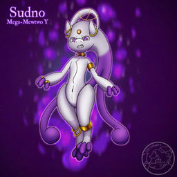 2_tails 3_fingers 3_toes anklet anthro armlet choker feet fingers forehead_gem gem gold_(metal) gold_choker gold_jewelry gold_necklace horn jewelry male multi_tail necklace purple_eyes ring_(jewelry) simple_background solo studded_choker studded_jewelry studded_necklace studs tail toes jakuya_art nintendo pokemon sudno generation_6_pokemon legendary_pokemon mega_evolution mega_mewtwo mega_mewtwo_y pokemon_(species) 1:1 absurd_res hi_res watermark
