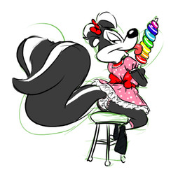 anthro candy clothed clothing crossdressing dessert dress food furniture licking male panties sitting smile solo stool tongue tongue_out underwear ishoka looney_tunes warner_brothers pepe_le_pew mammal mephitid skunk