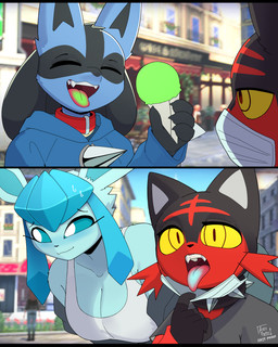anthro big_breasts biped black_body black_fur blue_body blue_fur blush breasts clothed clothing collar dessert female food fur ice_cream male open_mouth red_body text tongue tongue_out arzy_parzy nintendo pokemon canid canine eeveelution felid generation_4_pokemon generation_7_pokemon glaceon litten lucario mammal pokemon_(species) 2026 absurd_res digital_media_(artwork) english_text hi_res