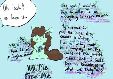 animal_genitalia baby_talk balls brown_hair brown_hooves brown_tail dialogue dot_eyes expressionless feral fur genitals hair hooves male male_feral offscreen_character plushie purple_eyes sheath simple_background simple_eyes sitting solo speech_bubble suicidal suicidal_ideation tail teal_background teal_body teal_fur text young young_feral young_male lemoncurds fluffy_pony fluffy_pony_(species) mammal 2021 digital_media_(artwork) english_text hi_res
