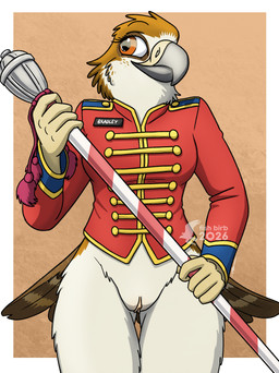 anthro bottomless bottomless_female butt casual_exposure clothed clothing female genitals holding_baton holding_object marching_band_uniform smile smiling_at_another solo thick_thighs thigh_gap vulva wide_hips fish_birb maddie_(fish_birb) accipitrid accipitriform avian bird buteo chickenhawk red-tailed_hawk absurd_res hi_res