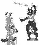 anthro barefoot carrying_another clothed clothing crossed_arms feet female fur group hair melee_weapon on_shoulders simple_background straining sword weapon white_background bardfox 70_seas latchkey_kingdom hilde_(70_seas) kate_(70_seas) tanya_(70_seas) yuman zull digital_media_(artwork) hi_res monochrome sibling_(lore) twins_(lore)