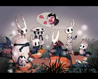 2_horns ambiguous_gender anthro bandage basket biped black_body black_eyes blue_cloak blue_clothing candy cloak clothed clothing container costume dessert empty_eyes feral fingers food fruit group hat headgear headwear holidays horn jack-o'-lantern larger_ambiguous leaf looking_at_another mask open_mouth outside plant pumpkin red_eyes shadow sitting size_difference smaller_ambiguous standing text white_clothing witch_hat diubiiii halloween hollow_knight_(franchise) team_cherry broken_vessel_(hollow_knight) grimm_(hollow_knight) hollow_knight_(character) hornet_(hollow_knight) myla_(hollow_knight) quirrel_(hollow_knight) the_knight_(hollow_knight) arthropod vessel_(species) 2020 artist_name english_text hi_res sibling_(lore)