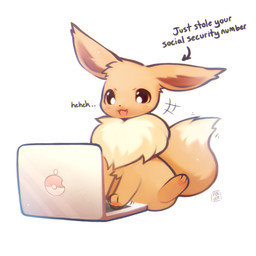 ambiguous_gender black_eyes blush brown_body brown_ears brown_fur brown_tail computer cute_fangs dipstick_tail directional_arrow electronics fangs feet feral fur laptop markings open_mouth open_smile pawpads paws simple_background sitting smile solo tail tail_markings teeth text white_background foxlett nintendo pokemon eevee generation_1_pokemon pokemon_(species) 1:1 digital_media_(artwork) english_text hi_res signature