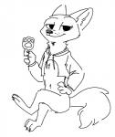 anthro biped bottomless chest_tuft claws clothed clothing crossed_legs food half-closed_eyes hand_on_hip holding_food holding_object holding_popsicle hoodie looking_at_viewer male narrowed_eyes neck_tuft pawpsicle popsicle simple_background sitting smile solo toe_claws topwear tuft twitter_hoodie white_background fuel_(artist) disney meme_clothing zootopia nick_wilde canid canine fox mammal red_fox true_fox 2018 black_and_white hi_res meme monochrome