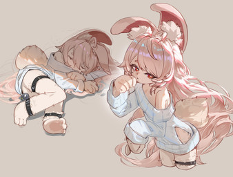 3_toes 4_fingers ahoge anthro bangs bare_shoulders bell bent_arm bent_legs biped bottomless clothed clothed_anthro clothed_female clothing duo eyebrows eyelashes eyes_closed feet female female_anthro female_focus fingers fluffy fluffy_tail fur glistening glistening_hair hair hip_tuft inner_ear_fluff legband loli long_hair looking_at_viewer lying messy_hair nub_tail on_ground on_side pawpads pink_body pink_fur pink_hair red_eyes side_bangs sleeping sweater sweater_only tail thighband tired toes topwear topwear_only tuft young young_anthro young_female tooraracat mihoyo zenless_zone_zero zhao_(zenless_zone_zero) lagomorph leporid mammal rabbit thiren 2025 colored detailed digital_drawing_(artwork) digital_media_(artwork) full-length_portrait guide_lines hi_res japanese_description portrait shaded three-quarter_portrait adult_(lore)