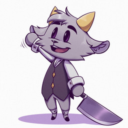 ambiguous_gender anthro antlers black_clothing black_eyes black_topwear black_vest button_(fastener) chibi clothing eyebrows fur gesture grey_body grey_fur grey_hair hair holding_knife holding_object hooves horn knife open_mouth open_smile shadow shirt simple_background simple_eyes smile solo teeth tongue topwear vest waving white_background white_clothing white_shirt white_topwear yellow_horn unnotablejulz pseudoregalia butler_(pseudoregalia) bovid caprine goat jackalope lagomorph mammal 1:1 hi_res