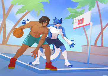 abs anthro ball basketball basketball_(ball) blue_body bottomwear clothing detailed_background dreadlocks duo footwear male multicolored_body nude red_clothing red_footwear red_shoes red_sneakers shoes shorts sneakers sport street two_tone_body ansart canid canine canis human mammal wolf