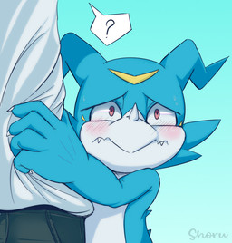 5_fingers ambiguous_gender anthro blue_background blue_body blush bodily_fluids claws clothed clothing curved_horn cute_fangs duo faceless_character faceless_human facial_markings fangs finger_claws fingers flustered forehead_markings head_markings horn male markings nervous nervous_sweat question_mark red_eyes scared simple_background standing sweat teeth waist_grab white_body worried worried_face worried_look yellow_markings rusho bandai_namco digimon digimon_(species) human mammal veemon colored shaded signature