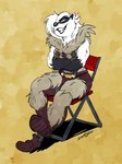 anthro belt_buckle buckle chair clothing cosplay crossed_arms female footwear fur fur_clothing furniture looking_aside muscular muscular_female on_chair shoes simple_background sitting sitting_on_chair smug solo suspenders white_body white_fur wrestler yellow_eyes scottyartz skullgirls bailey_rosworth badger mammal mustelid musteline hi_res