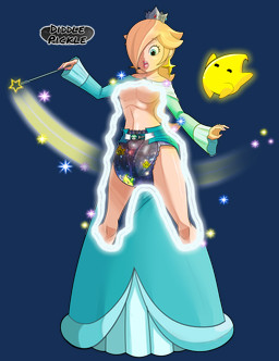 blonde_hair blue_clothing blue_dress blue_eyes breasts clothing clothing_transformation crown diaper dress female floating gesture glowing hair headgear human_focus magic shocked sparkles star_wand transformation waving diddlepickle mario_bros nintendo super_mario_galaxy rosalina_(mario) alien human luma mammal absurd_res alpha_channel hi_res