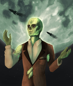 bright_brotherhood_(fallout) brown_clothing brown_suit clothed clothing collared_shirt cosmic_background glowing glowing_body green_body male missing_nose moon necrosis new_vegas not_furry pocket_square raised_hands rocket_ship shirt solo suit topwear torn_clothing han_(artist) fallout microsoft jason_bright_(fallout) ghoul_(fallout) glowing_one_(fallout) humanoid english_description half-length_portrait hi_res portrait