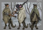 ambiguous_gender anthro clothed clothing coat digitigrade digitigrade_footwear eyewear footwear furgonomic_footwear furgonomics goggles group gun hat headgear headwear machine_gun military ranged_weapon soldier standing tail tail_clothing topwear trio warrior weapon winter hungrydazzle kobold scalie 2023