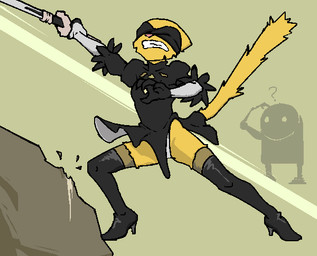 blind boots clothed clothing cosplay disability dress female footwear fur gloves handwear high_heeled_boots high_heels legwear machine melee_weapon shoes solo stockings sword weapon yellow_body yellow_fur filthypally microsoft nier_automata platinumgames prequel_adventure the_elder_scrolls katia_managan yorha_2b felid khajiit mammal robot