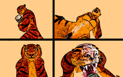 animal_genitalia animal_penis anthro bodily_fluids breasts bright_eyes canine_genitalia canine_penis cum cum_from_nose cum_in_mouth cum_in_nose cum_inside cum_on_breasts cum_on_chest cum_on_face cum_on_hand cumshot duo ejaculation eyes_closed female fur genital_fluids genitals knot log looking_at_viewer looking_back looking_pleasured looking_up male male/female nude penis sharp_teeth simple_background solo striped_body striped_fur stripes teeth whiskers wood yellow_eyes anonymous_artist wild_life karra_(wild_life) canid canine felid feline mammal pantherine tiger 3d_(artwork) digital_media_(artwork) multiple_images
